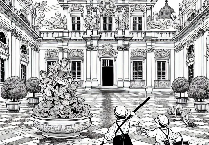 To barn feier marmorplassen til et praktfullt slott – Malemaleri barokkperiode gratis