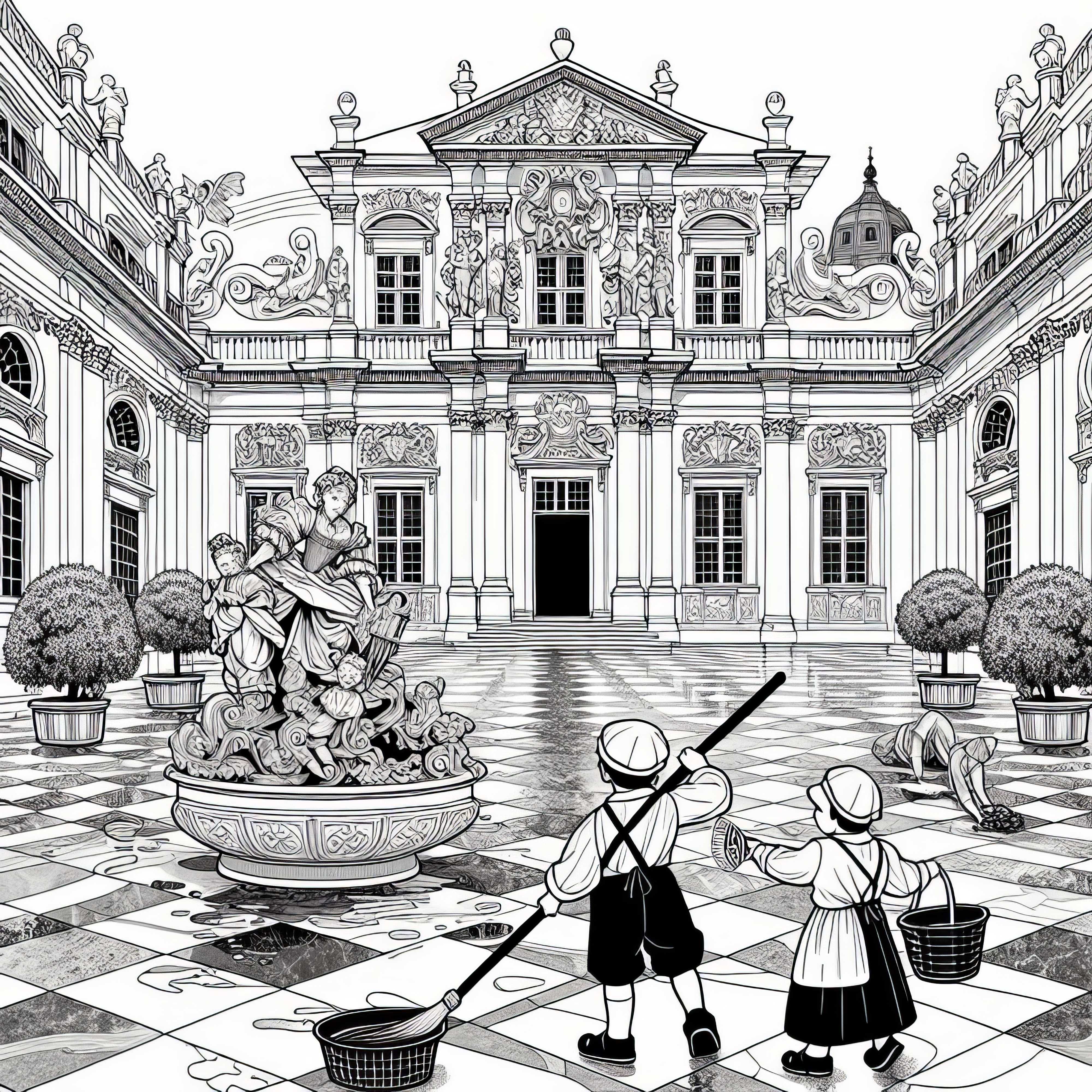 Due bambini spazzano il cortile in marmo di un magnifico castello – Disegno da colorare epoca barocca gratis Due bambini spazzano il cortile di marmo di un maestoso castello - Disegno da colorare Barocco gratuito