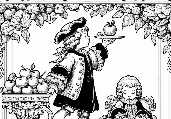 Bambino bilancia una mela su un vassoio mentre pratica la postura cortese – Disegno da colorare periodo Barocco gratuito