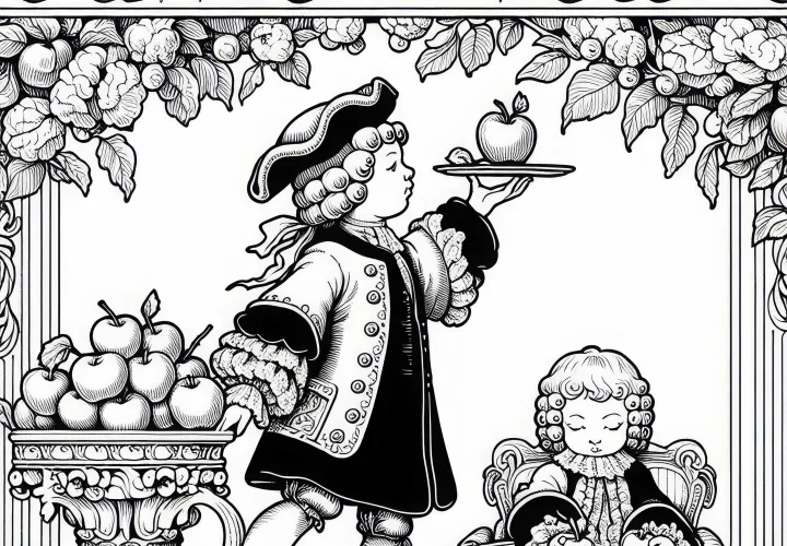 Snill balanse eple på brett mens hun øver på hoffholdning – Fargeleggingsmal for barokken gratis