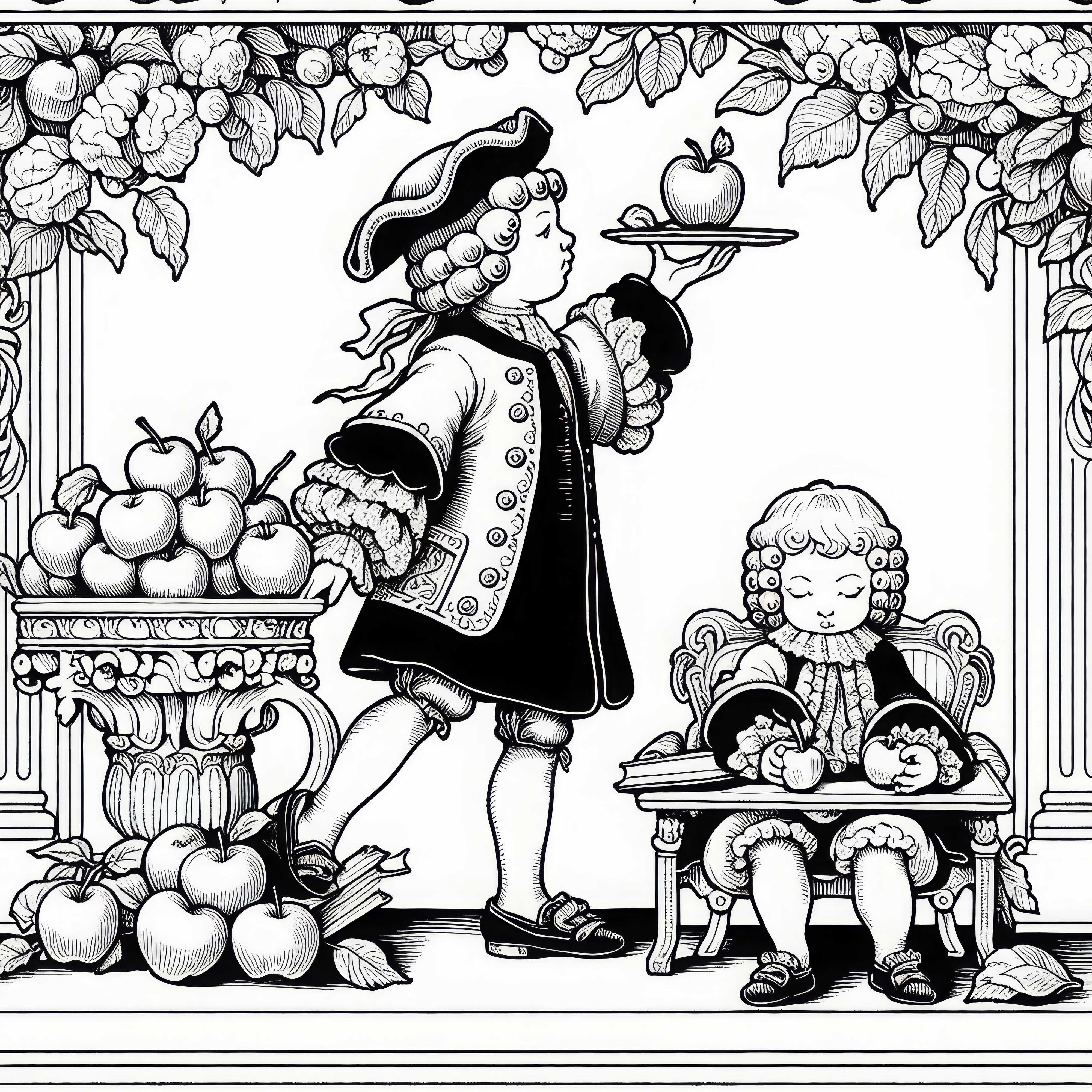 Bambino bilancia una mela su un vassoio mentre esercita la postura cortese - Modello da colorare epoca barocca gratuito Bambino bilancia una mela su un vassoio mentre esercita la postura di corte - Disegno da colorare gratuito periodo barocco