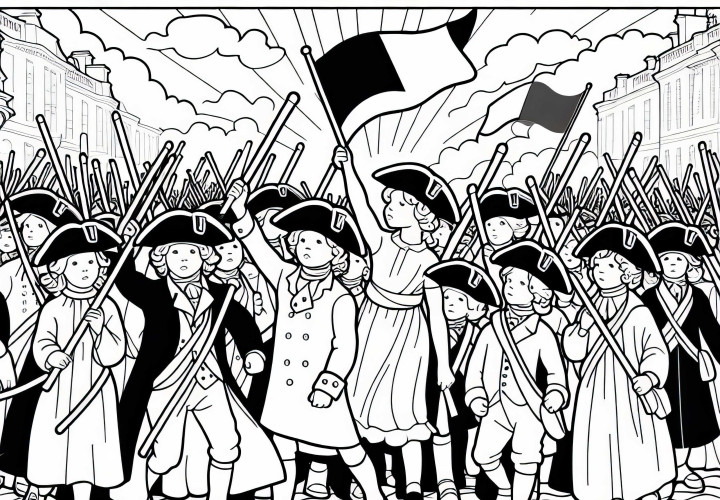 Barn marsjerer med selvlagde frihetsluer av papir – Gratis fargeleggingsmal for den franske revolusjonen