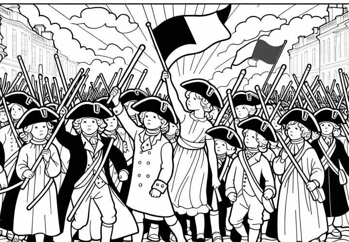 Дети маршируют с самодельными шапками свободы из бумаги – бесплатный раскраска Французской революции