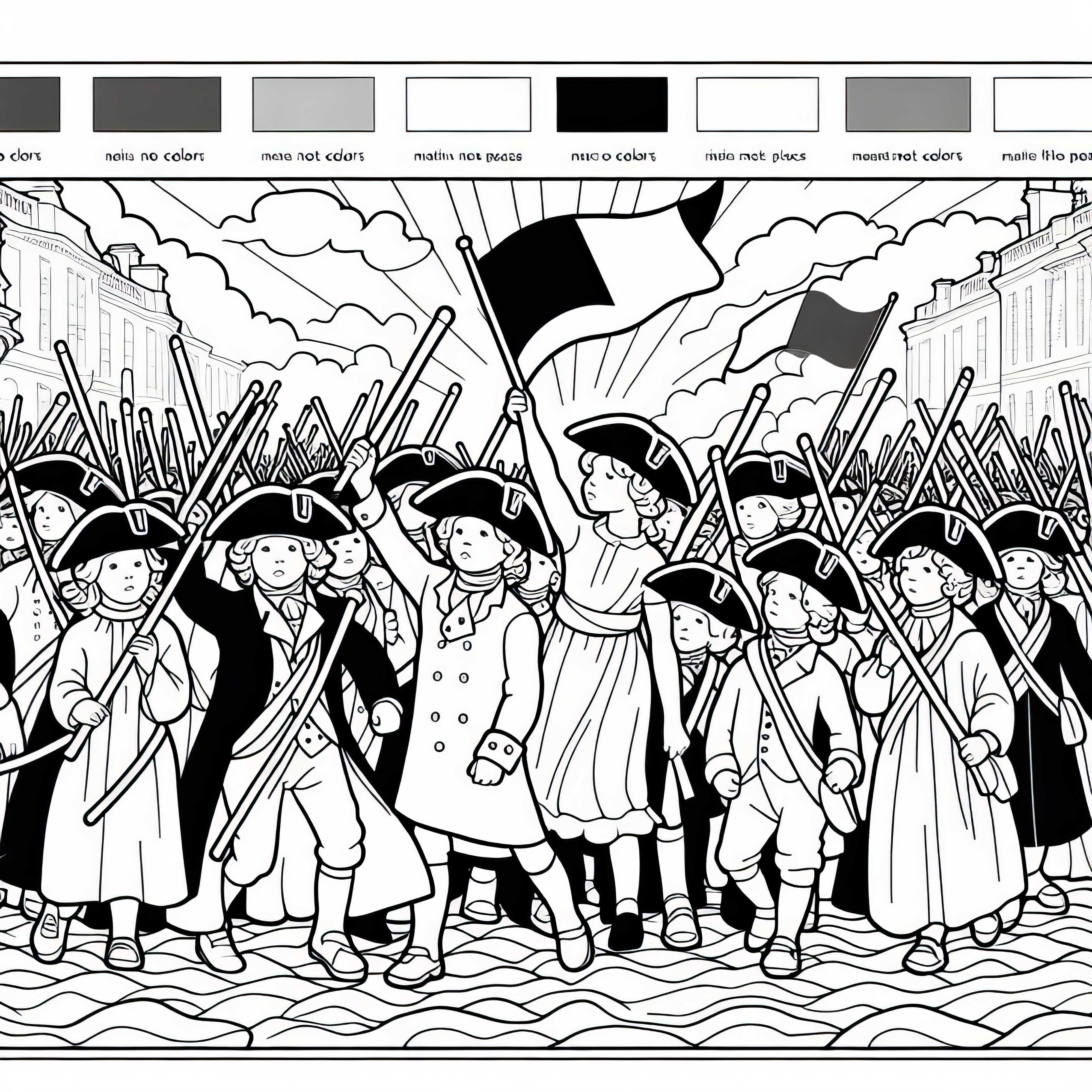 &Ccedil;ocuklar kendilerinin yaptığı kağıttan &ouml;zg&uuml;rl&uuml;k şapkalarıyla y&uuml;r&uuml;y&uuml;ş yapıyor - Fransız Devrimi i&ccedil;in &uuml;cretsiz boyama şablonu