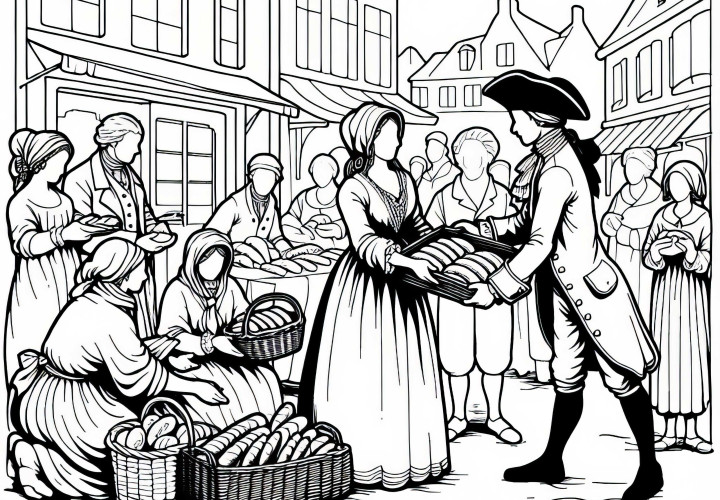 Familien deler brød til folk på torget - Fargelegging bilde Franske Revolusjon gratis