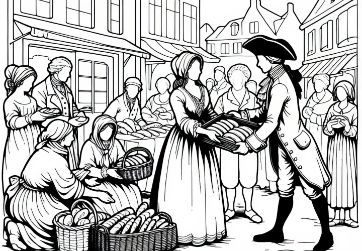 Семья раздает хлеб людям на рынке – раскраска Французская революция бесплатно