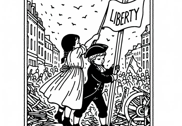 Два ребенка помогают повесить табличку со словом "Свобода" – раскраска Французской революции