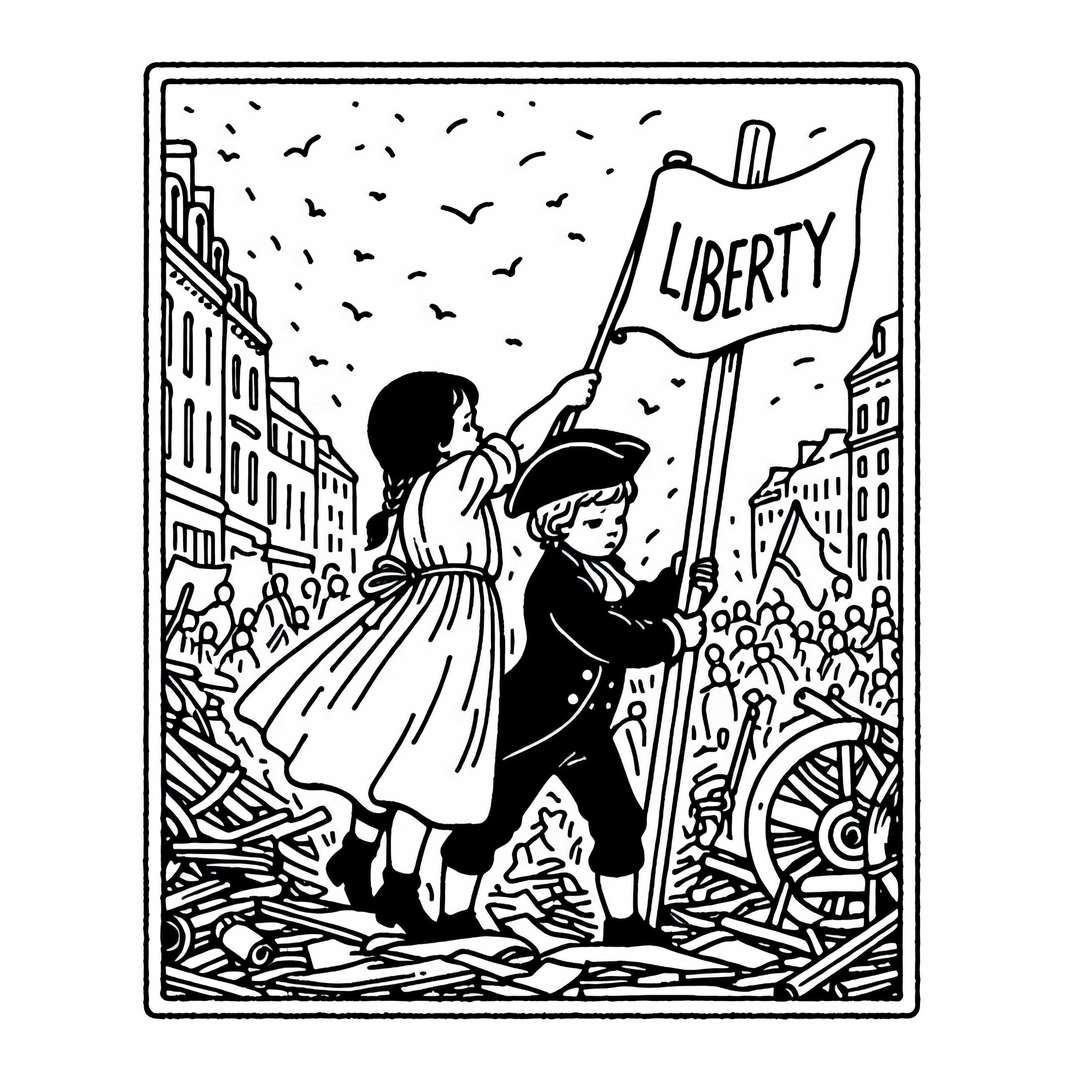 Duas crianças ajudam a pendurar um cartaz com a palavra liberdade - Desenho para colorir da Revolução Francesa Duas crianças ajudam a pendurar um cartaz com a palavra Liberdade – Desenho para colorir Revolução Francesa