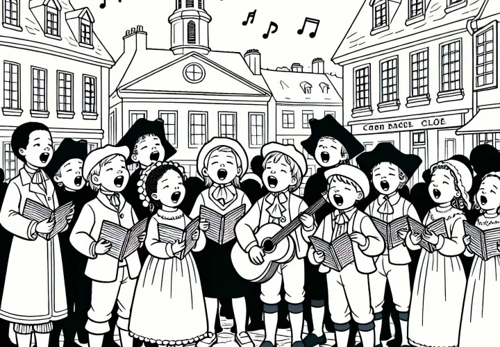 Дети вместе поют народную песню на площади – бесплатный раскраска Французской революции