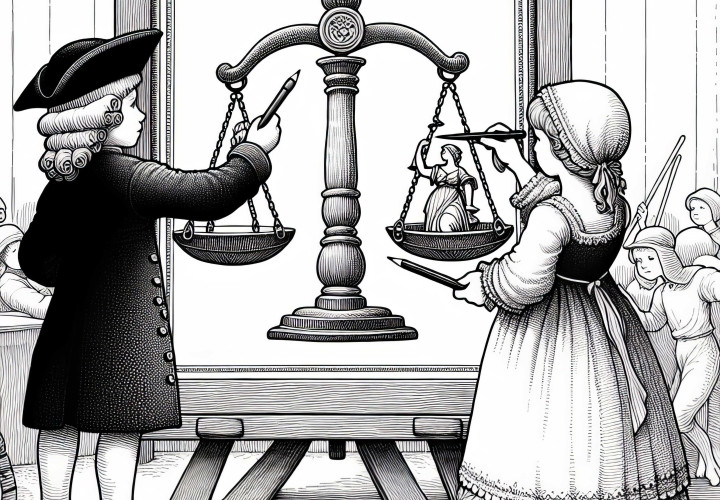 To barn maler et bilde av en vekt som symbol på rettferdighet – Malebok til den franske revolusjonen