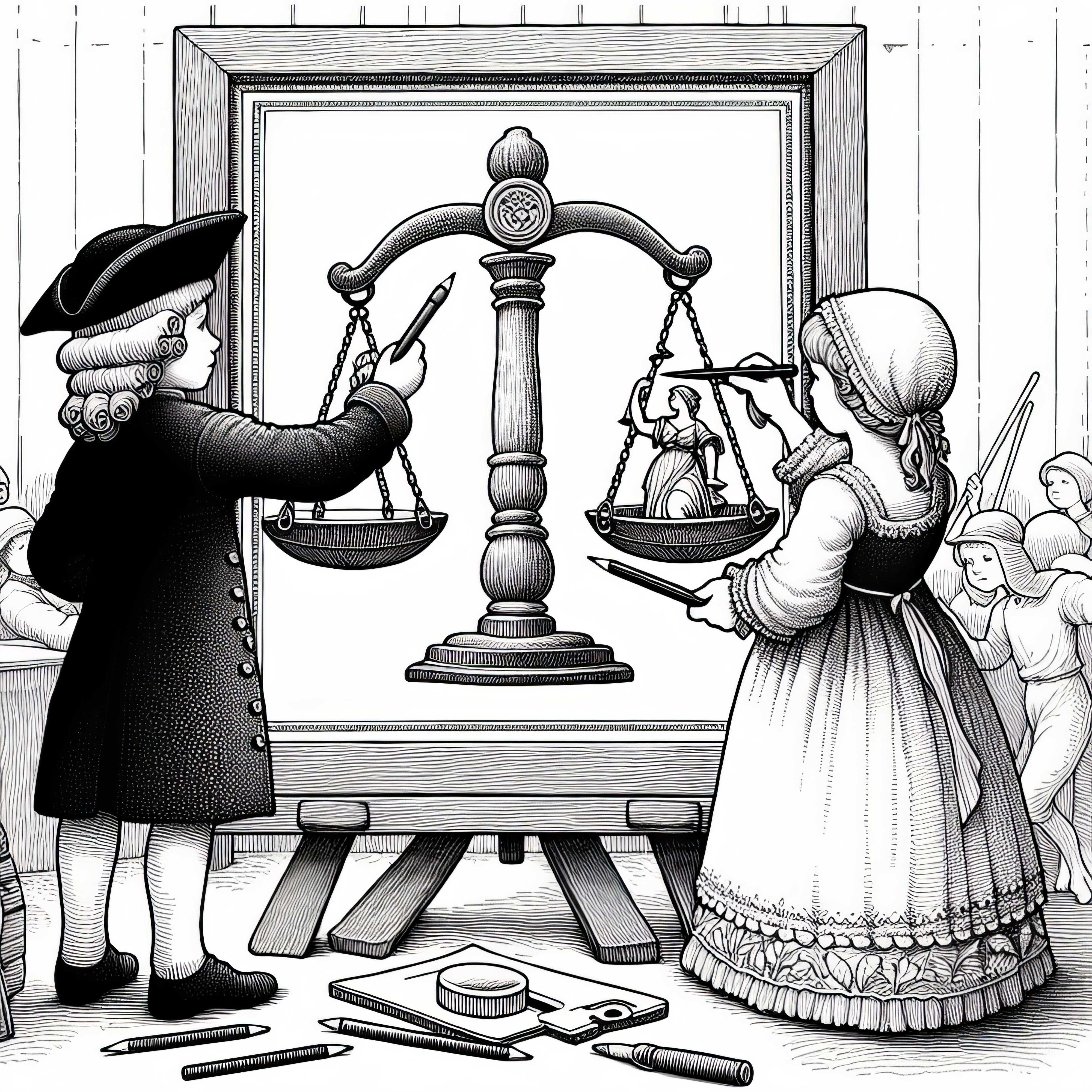 To barn maler et bilde av en vekt som symbol p&aring; rettferdighet &ndash; Fargeleggbilde til den franske revolusjon