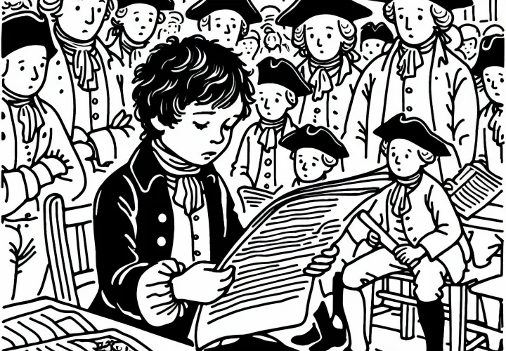 Молодой человек читает газету, пока другие с интересом слушают – Раскраска Французской революции бесплатно