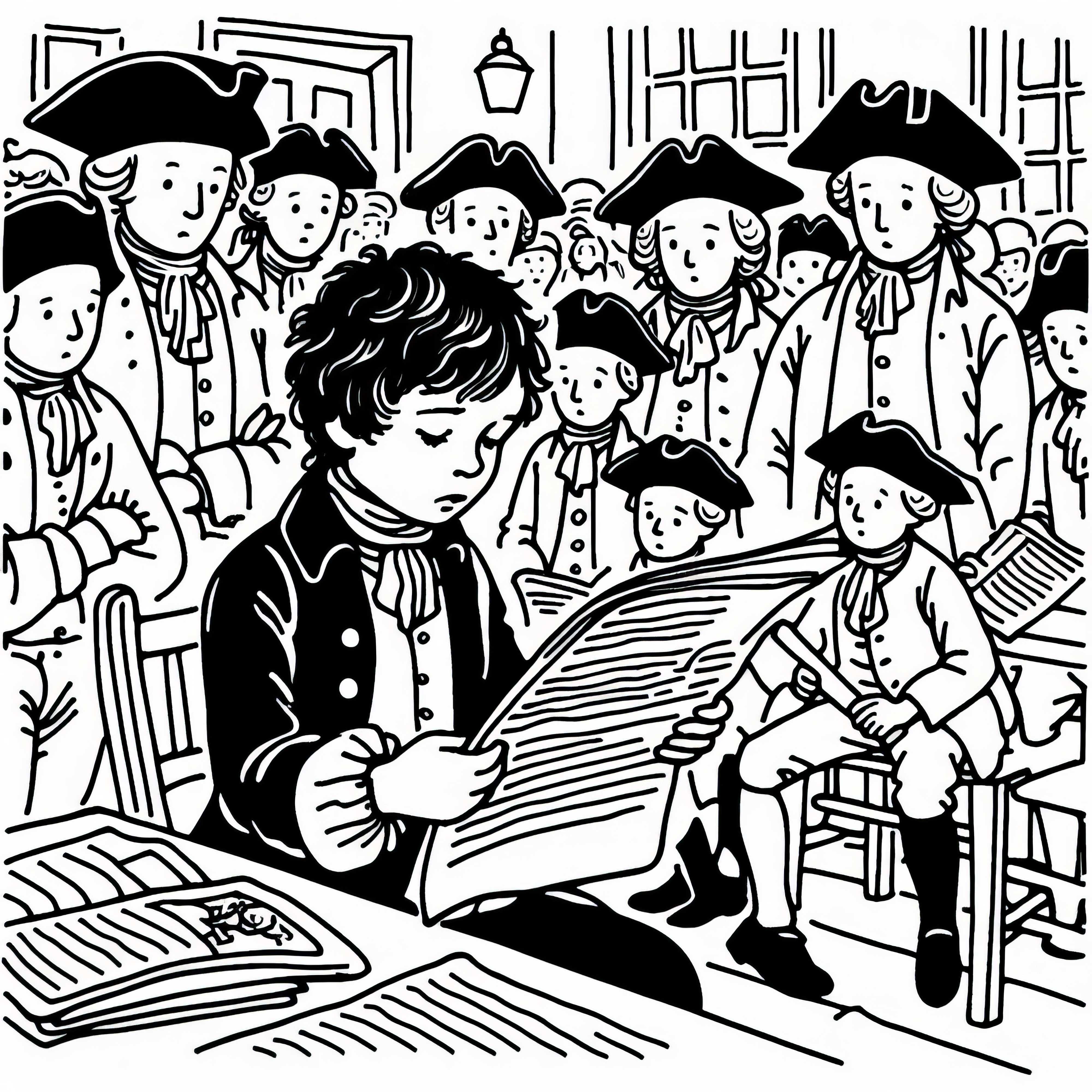 Junge liest aus Zeitung, w&auml;hrend andere gespannt zuh&ouml;ren &ndash; Ausmalbild Franz&ouml;sische Revolution kostenlos