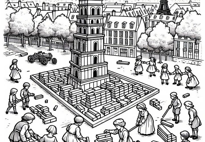Barn bygger en modell av Bastillen med treklosser - Fargelegge bilde Franske revolusjon gratis