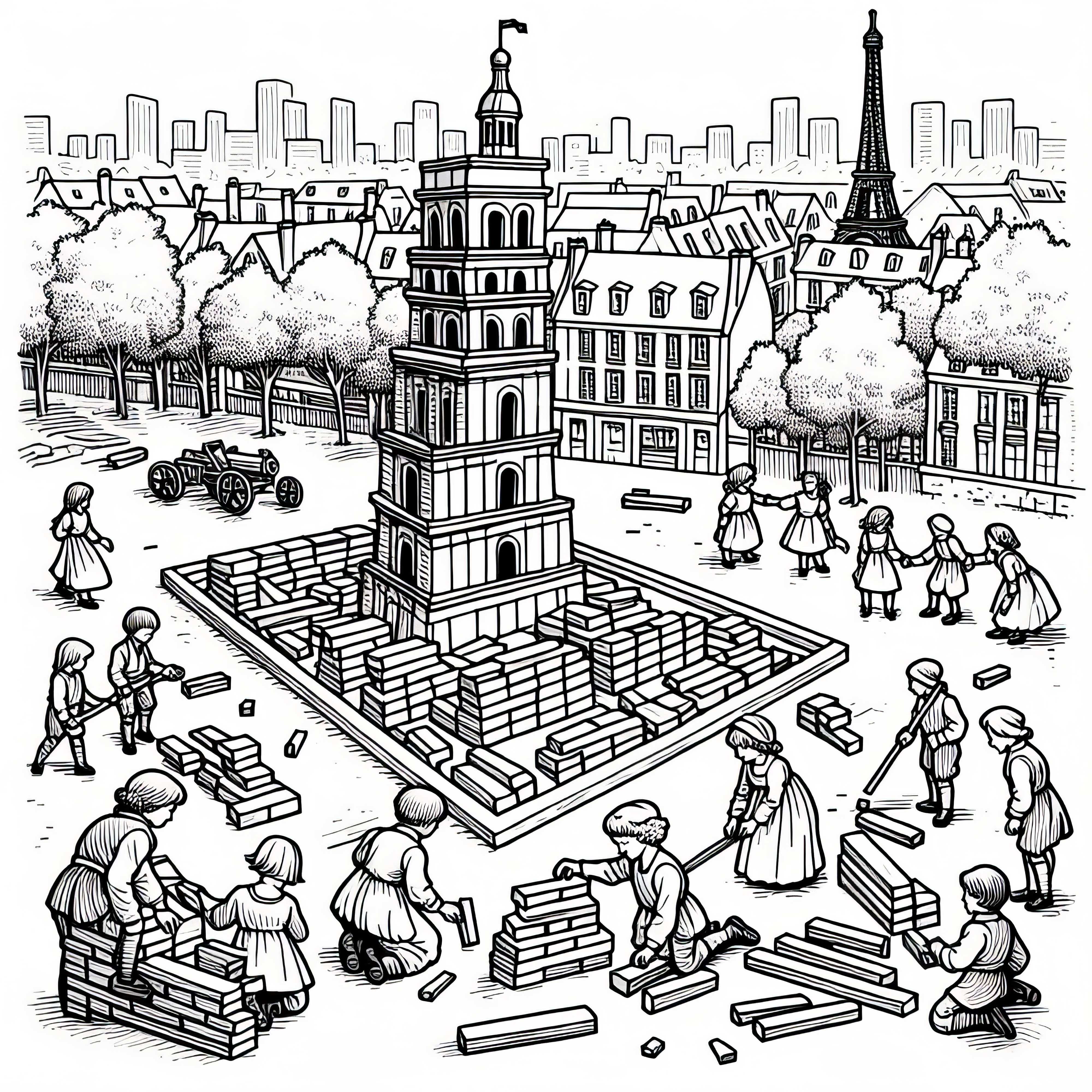 아이들이 나무 덩어리로 바스티유 모델을 만든다 - 프랑스 혁명 무료 색칠하기 이미?