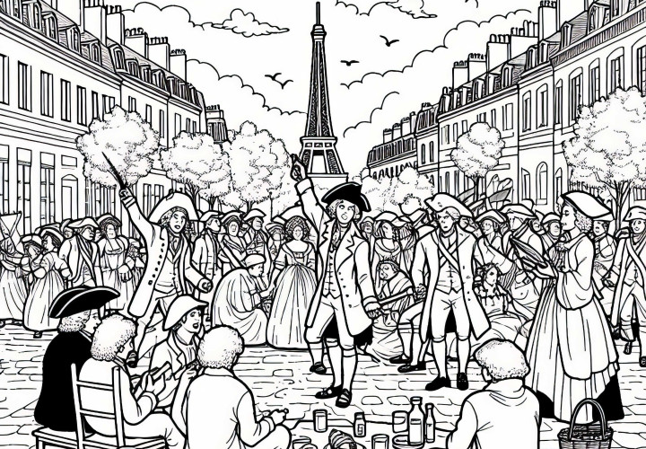 Piquenique após a Tempestade da Bastilha - Imagem para colorir sobre a Revolução Francesa grátis