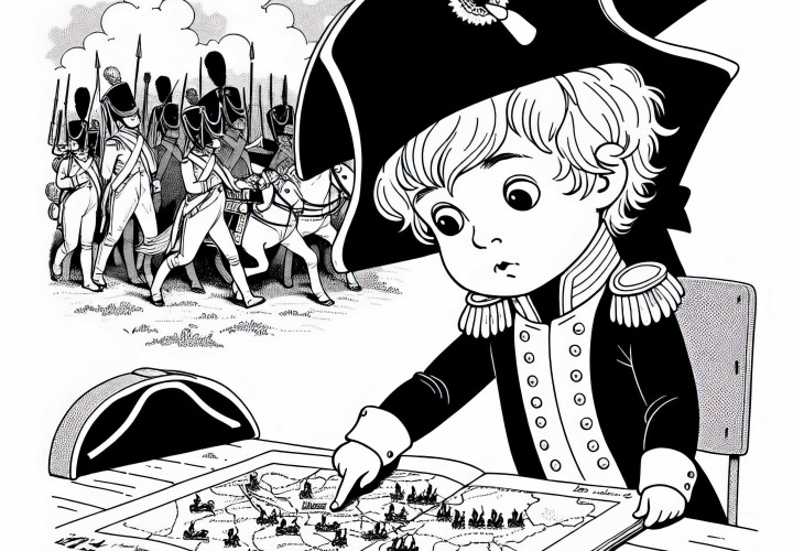 Barnet kigger nysgerrigt på kortet med troppebevægelser - Malebillede fra Napoleons æra gratis