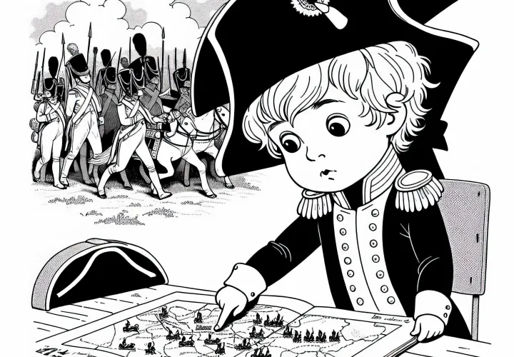 Ребенок с любопытством смотрит на карту с движением войск – раскраска эпохи Наполеона бесплатно