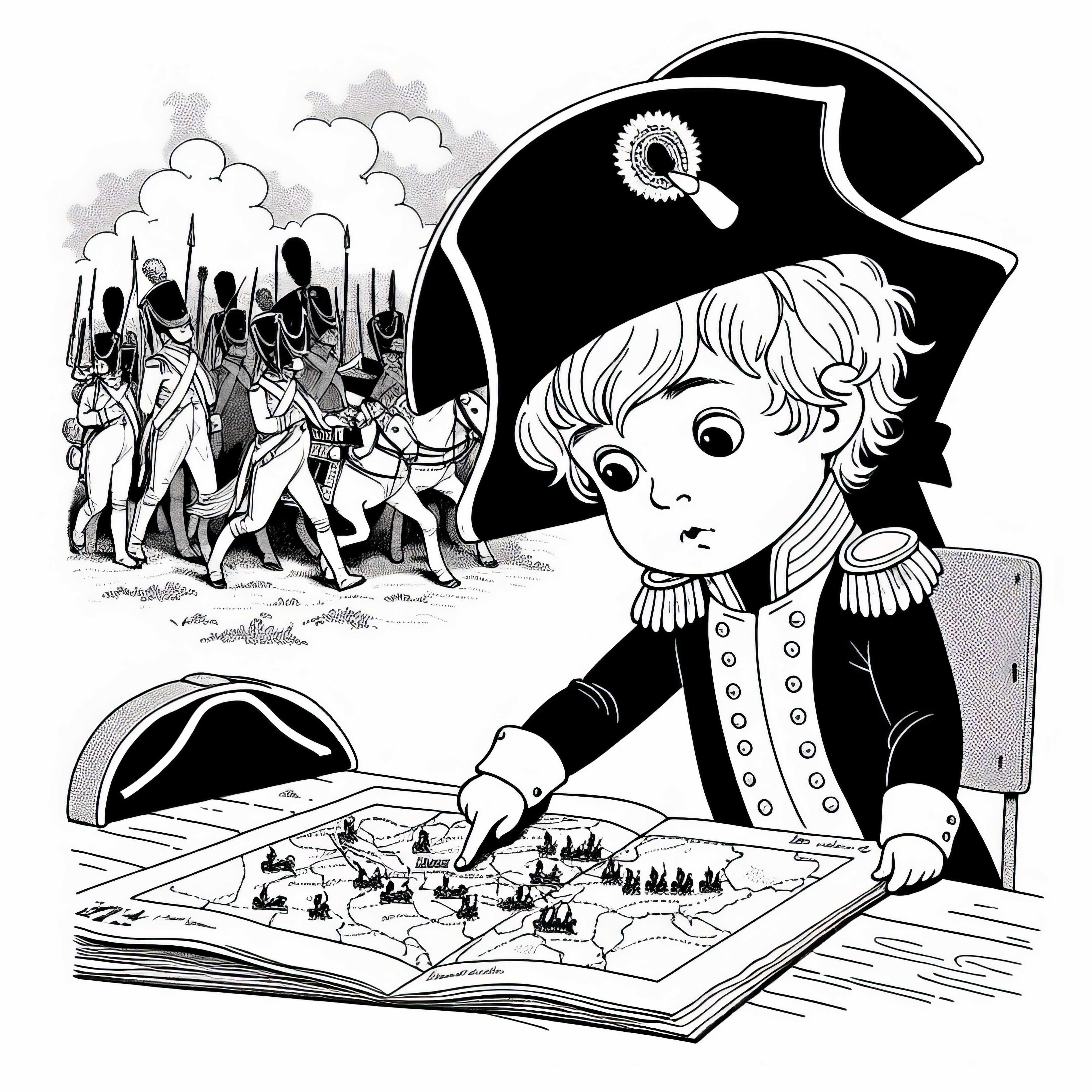 Barn kigger nysgerrigt på kort med troppebevægelser - farvelægningsbillede fra Napoleons æra gratis Barnet kigger nysgerrigt på kort med troppebevægelser - tegning fra den napoleonske æra gratis