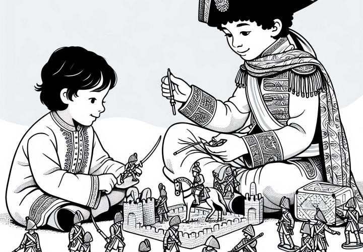 To børn leger Feldherr med tin soldater malebog Napoleon æra gratis