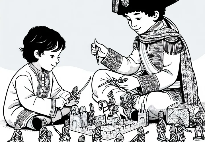 Два ребенка играют в полководца с оловянными солдатиками. Раскраска эпохи Наполеона бесплатно