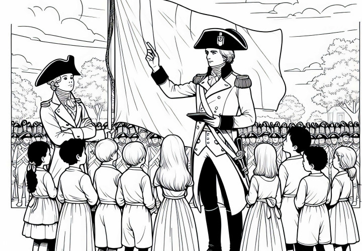 Officer med tricorne forklarer børnene betydningen af et flag – Maler skabelon fra den Napoleonske Æra gratis