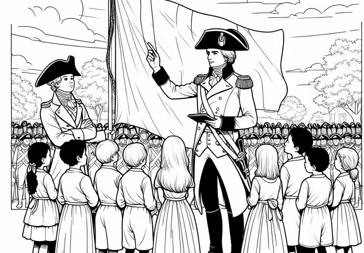 Офицер в треуголке объясняет детям значение флага – раскраска периода Наполеона бесплатно
