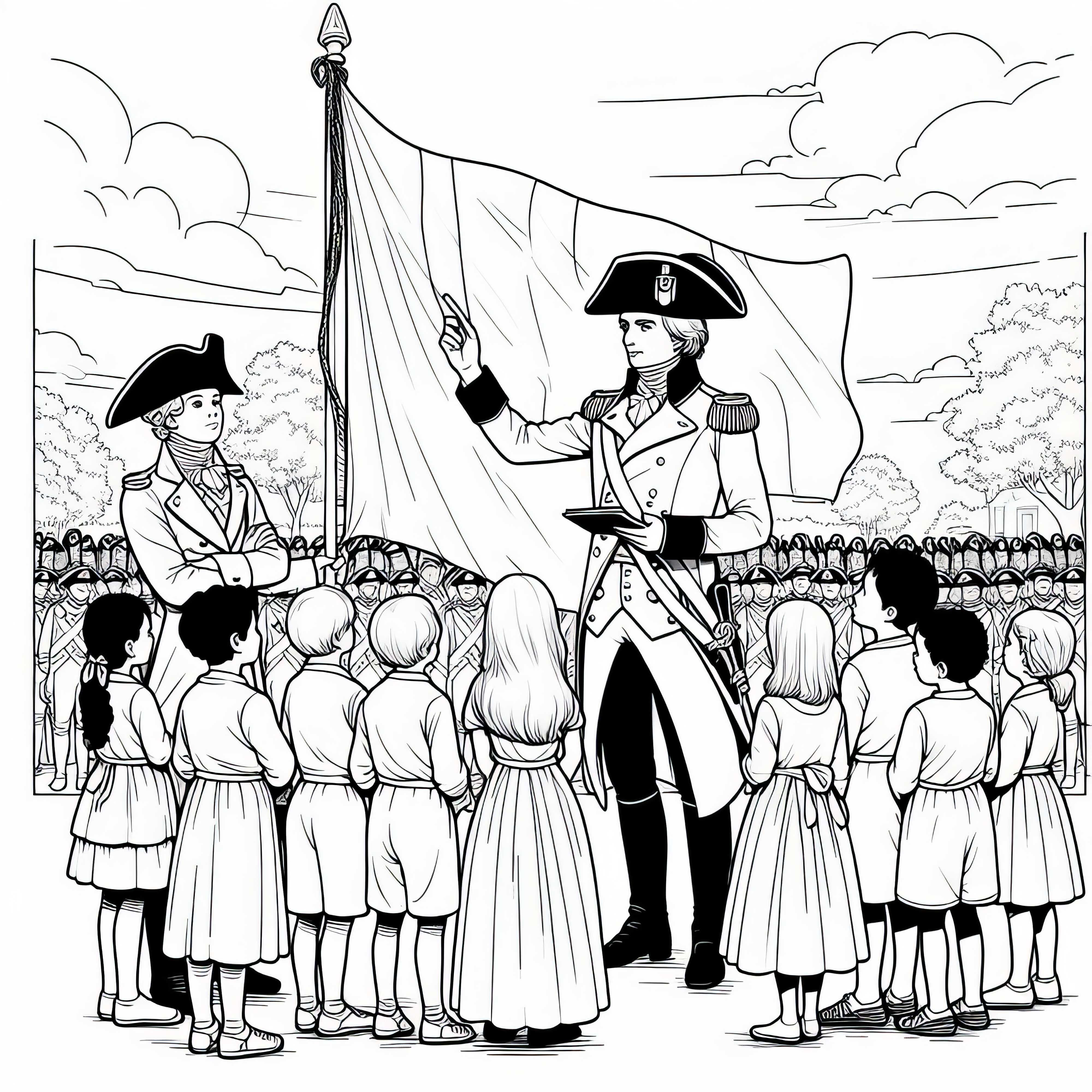 Officer med trekantshat forklarer børn betydningen af et flag - Malebog Napoleonisk æra gratis Officer med trekantet hat forklarer børn betydningen af et flag – Malebog Napoleonisk tidsalder gratis