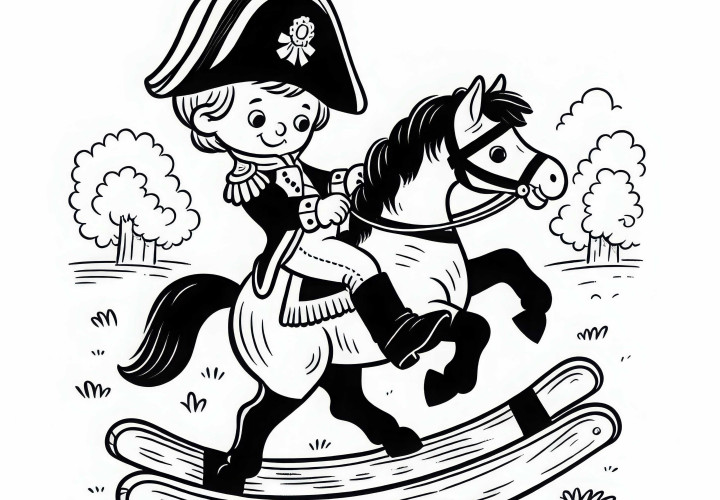 Dreng spiller på træhesten Napoleon – gratis farvelægningsbillede fra Napoleonsæraen