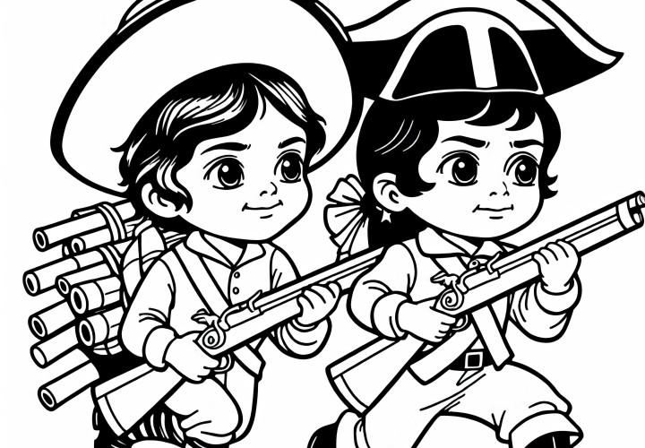 To unge børn øver sig i march med trægeværer – Malebillede fra Napoleons æra Gratis