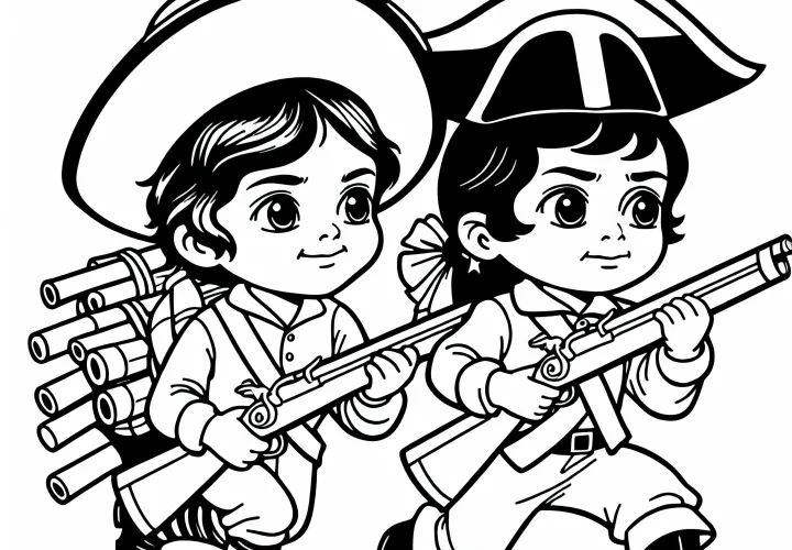 Два ребенка тренируются маршировать с деревяными винтовками – Раскраска Наполеоновской эпохи Бесплатно