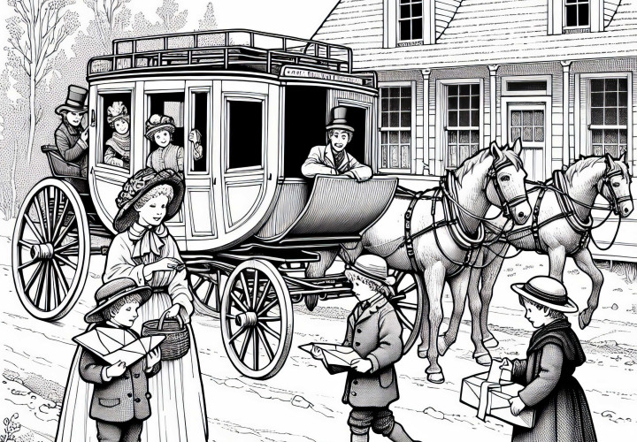 Børn bringer breve fra postvogn til en familie – Malebillede Napoleonisk æra gratis