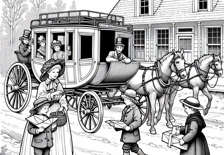 Дети приносят письма от почтовой кареты семье – раскраска Наполеоновской эры бесплатно