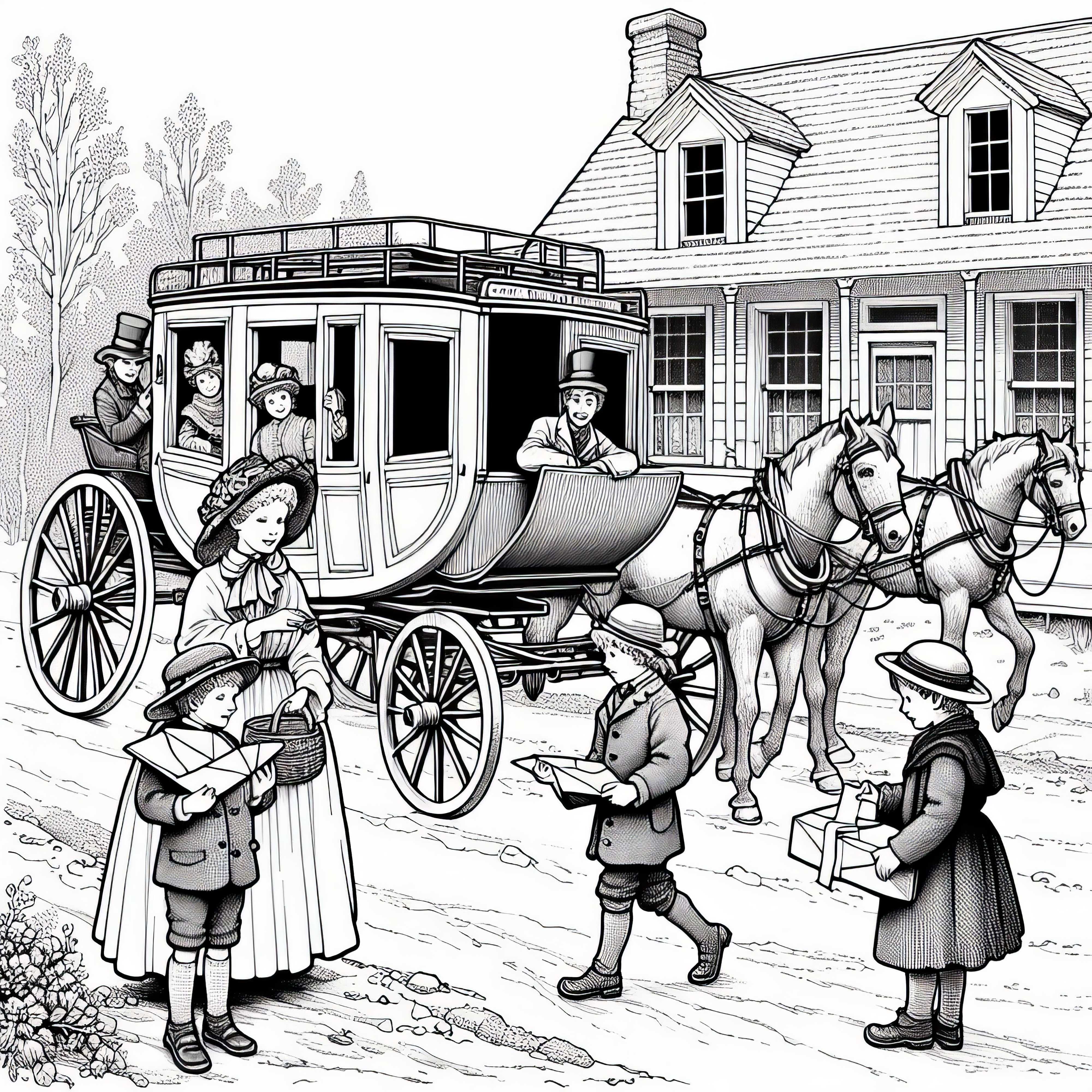 Børn bringer breve fra postvognen til en familie – Malebillede fra den Napoleonske epoke gratis Børn bringer breve fra postvognen til en familie – Malebillede fra Napoleons æra gratis