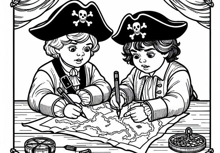 Two children draw a treasure map on paper - free coloring page of pirates