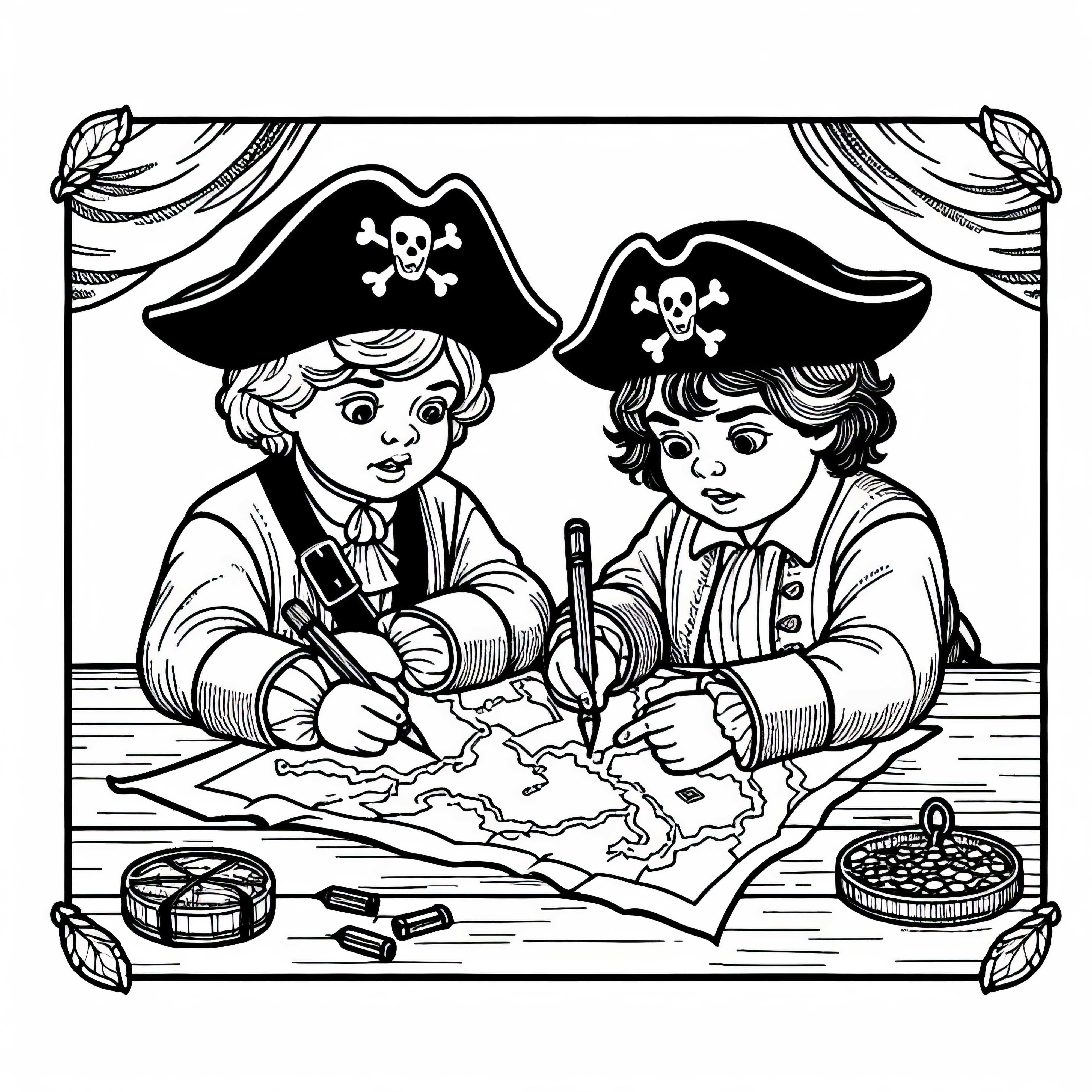 Two children drawing a treasure map on paper - free coloring page of pirates Two children drawing a treasure map on paper – Free coloring page of pirates