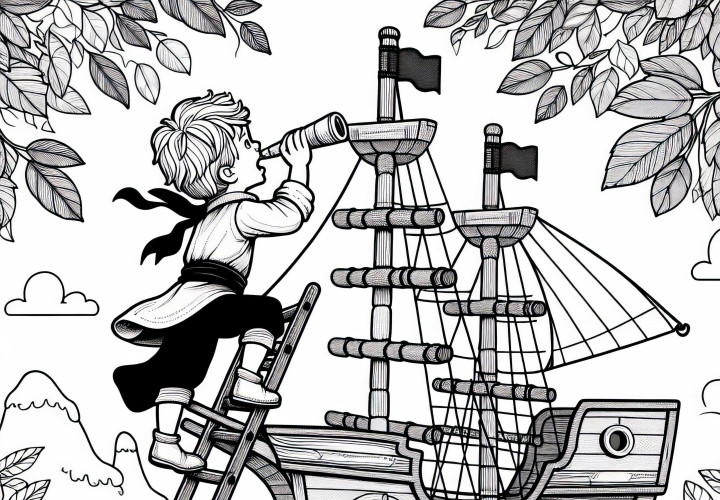 Child climbs on wooden play ship – Coloring page for pirate fans