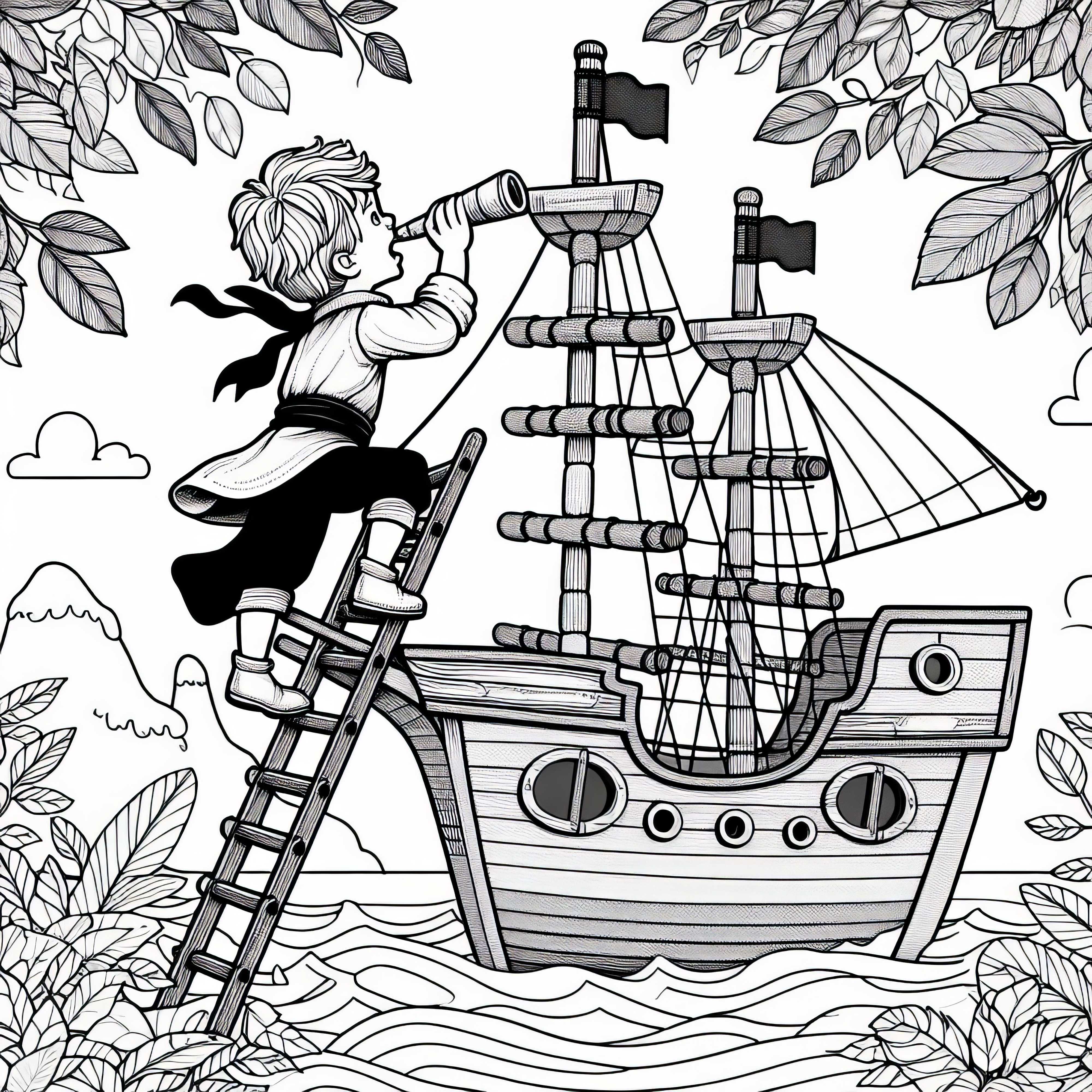 Child climbing on wooden play ship – Coloring page for pirate fans Child climbs on wooden play ship – Coloring page for pirate fans