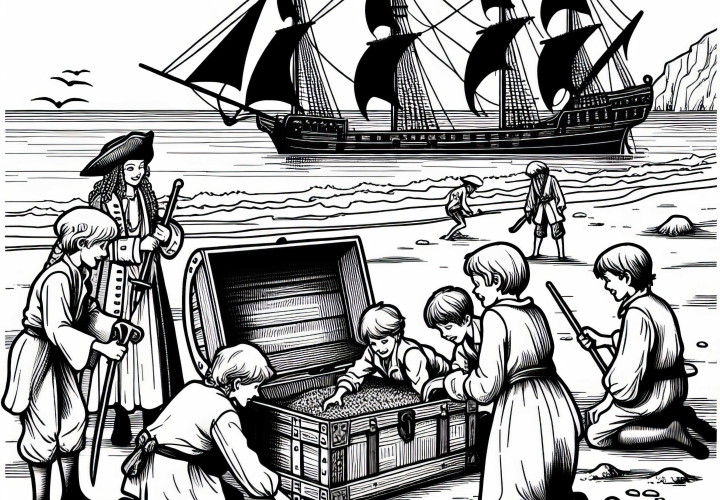 At the beach: Children with treasure chest - Free coloring page for pirates