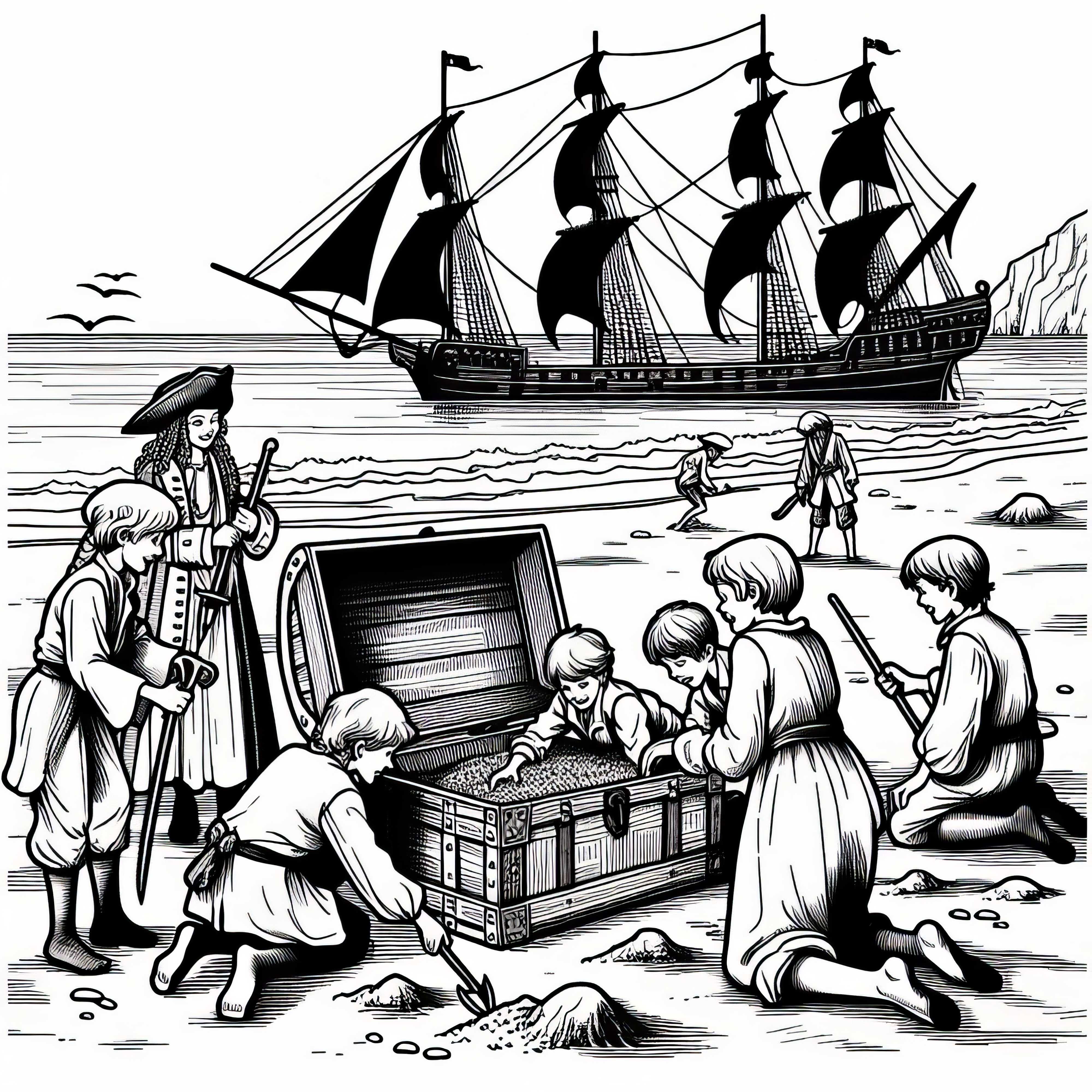 At the beach: Kids with treasure chest – Free coloring page for pirates At the beach: Children with treasure chest - free coloring page for pirates