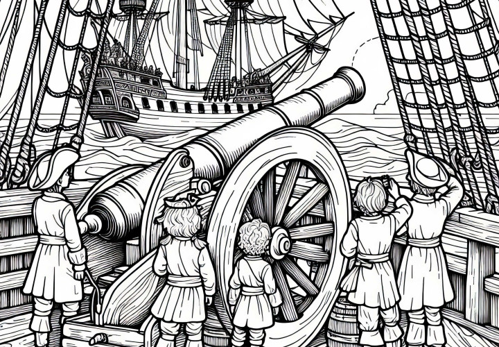 Pirate kids with a cannon on board a sailing ship - coloring page for pirate fans