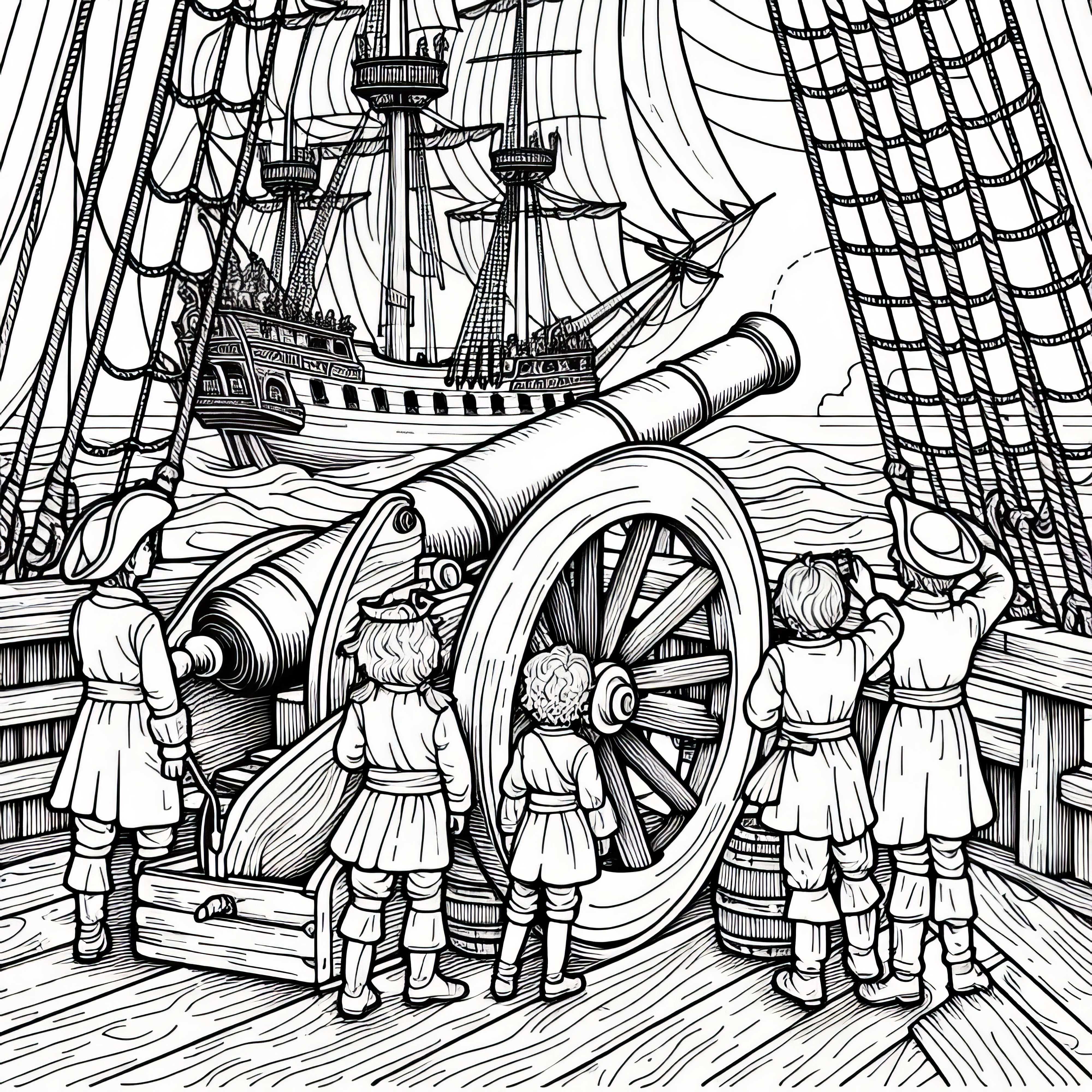 Pirate children with a cannon on board a sailing ship – coloring page for pirate fans Pirate children with a cannon on board a sailing ship - coloring page for pirate fans