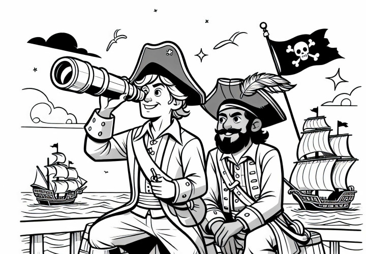 Captain and helmsman with telescope – Coloring page for pirates Free