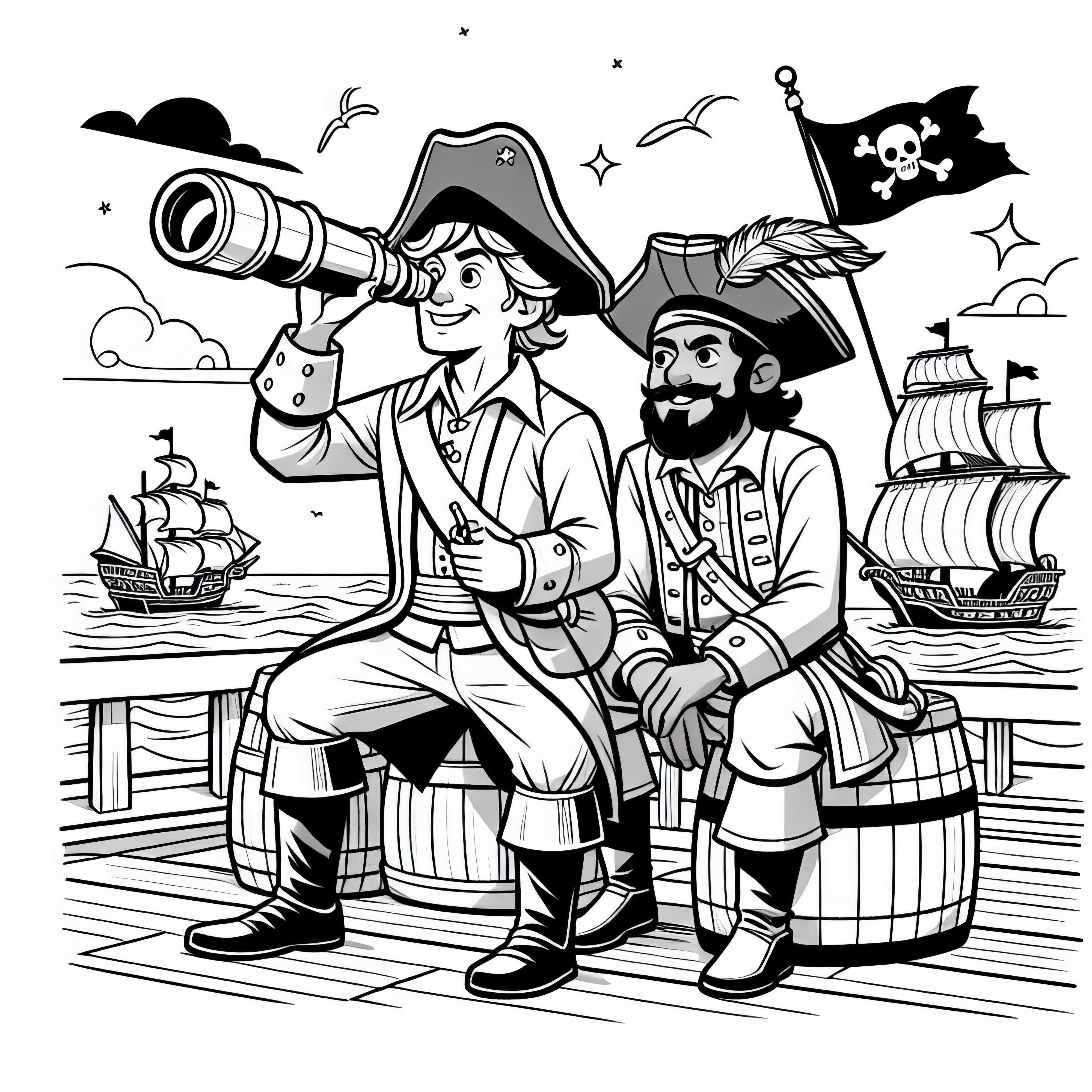 Captain and helmsman with telescope - Coloring page for pirates Free Captain and helmsman with telescope – coloring page for pirates free