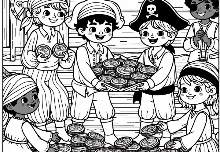 Pirate gang of children distributes gold coins – Free pirate coloring page