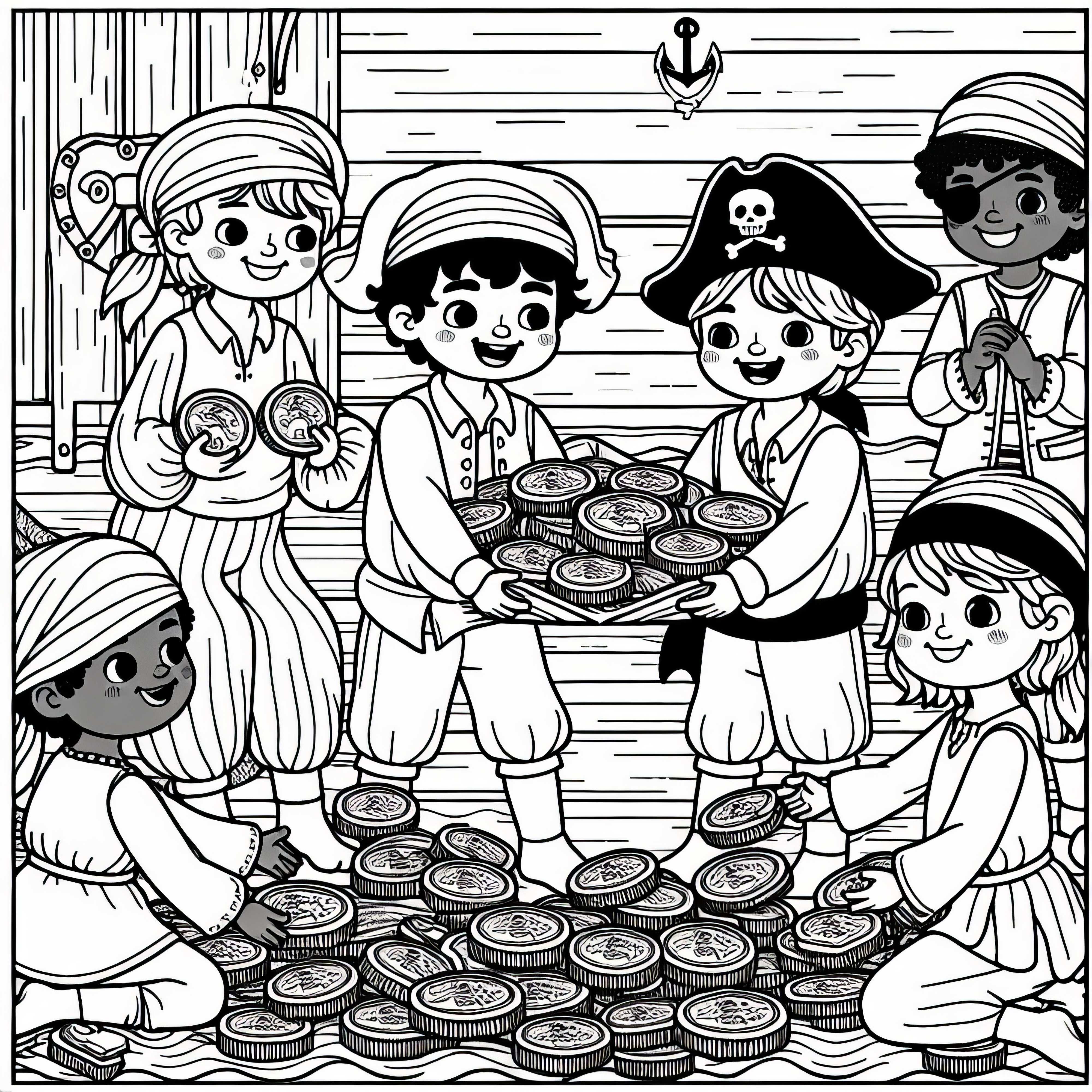 Pirate gang of children distributes gold coins - Free pirate coloring page Pirate gang of children distributes gold coins – Free pirate coloring page