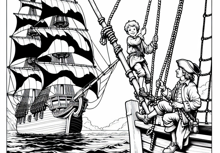 Boy practicing climbing on ropes on the sailing ship – Free coloring page for pirates