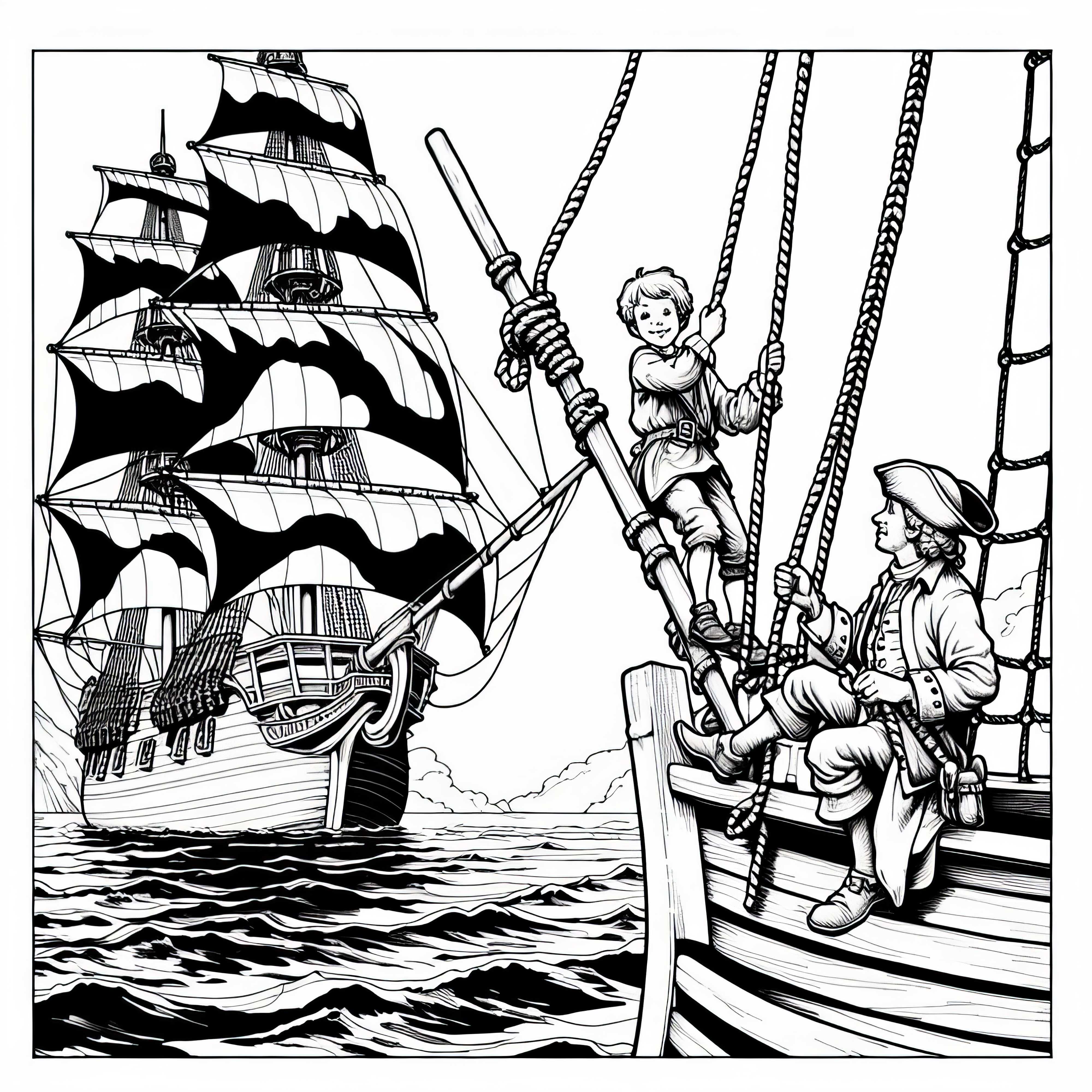 Boy practicing climbing on ropes on the sailing ship - Free coloring page for pirates Boy practicing climbing on ropes on the sailing ship – Coloring page for pirates free