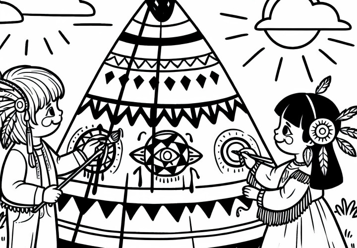 Due bambini colorano un tipì con simboli – Disegno da colorare indiano gratis