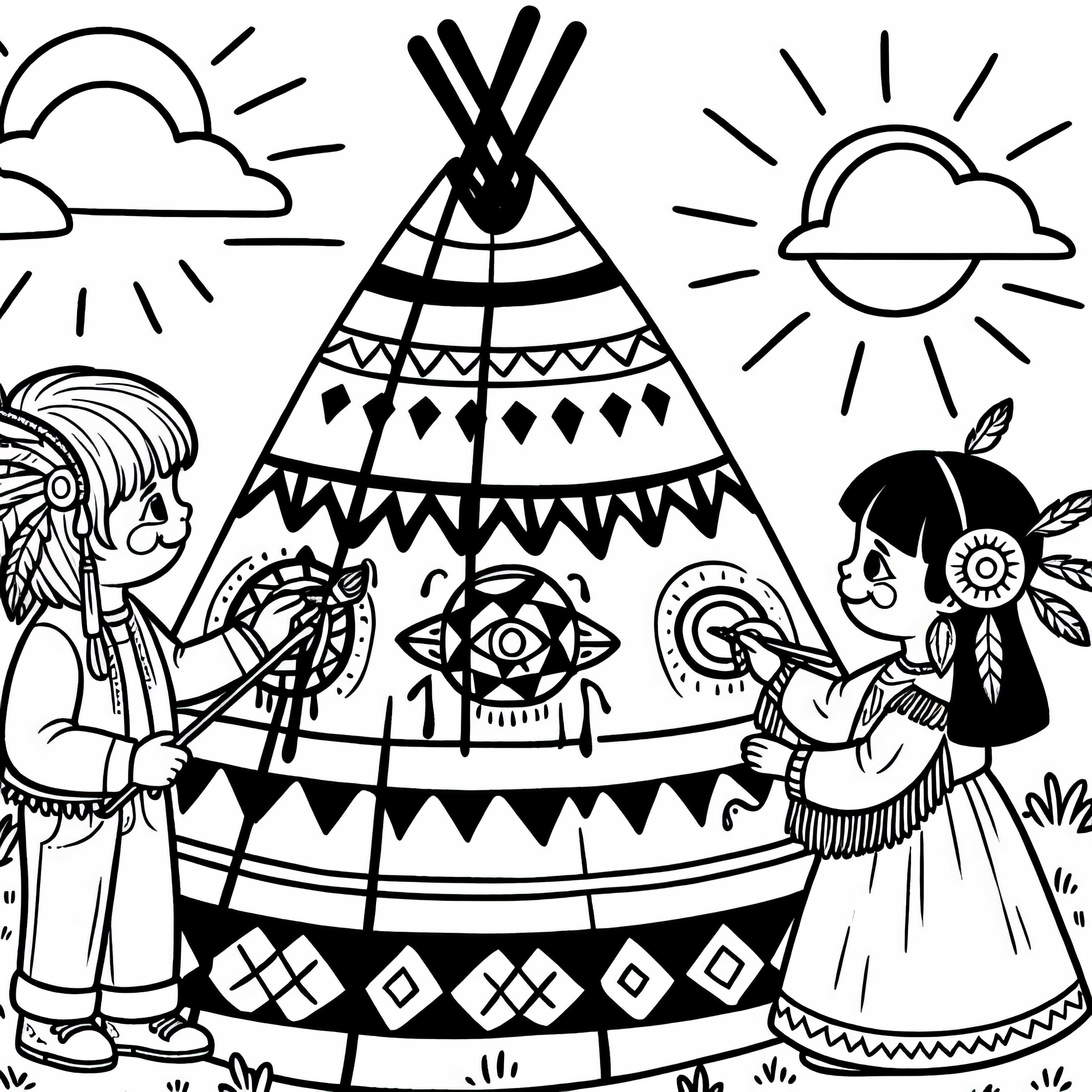 Due bambini colorano un tipì con simboli - Disegno da colorare indiani gratis Due bambini colorano un tipì con simboli - Disegno da colorare indiano gratis